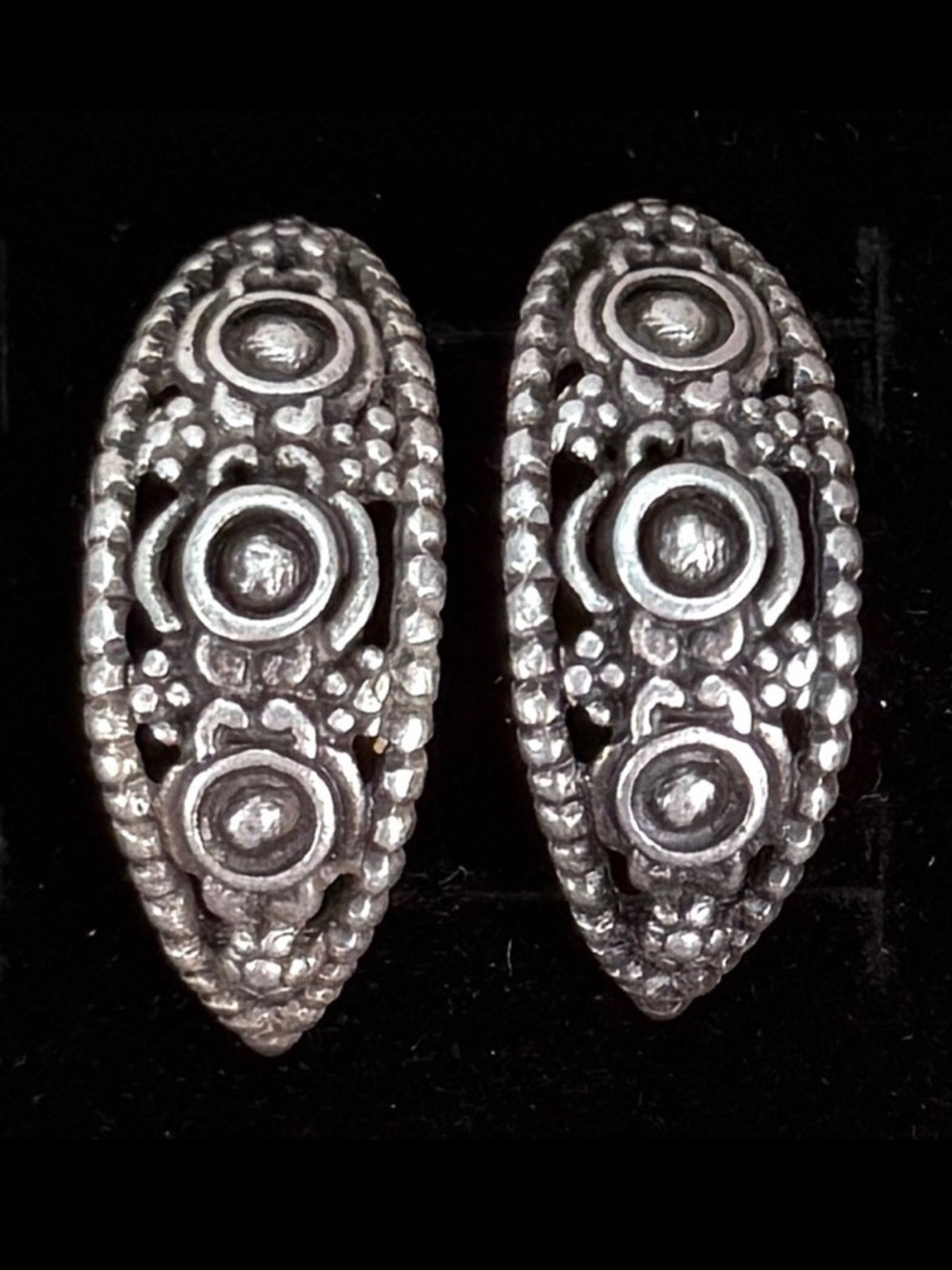Vintage aged Silvertone, half open hoop pierced earrings